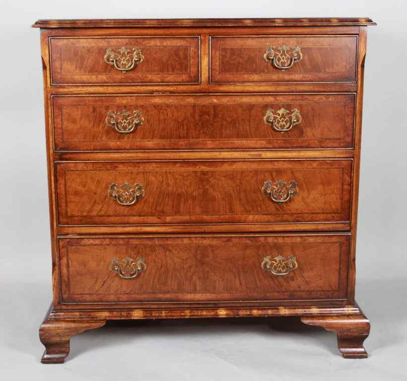 Appraisal: SOUTHHAMPTON GEORGE I STYLE CROSSBANDED WALNUT CHEST OF DRAWERS labelled