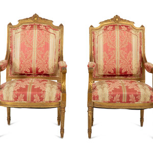 Appraisal: A Pair of Louis XVI Style Giltwood Fauteuils la Reine