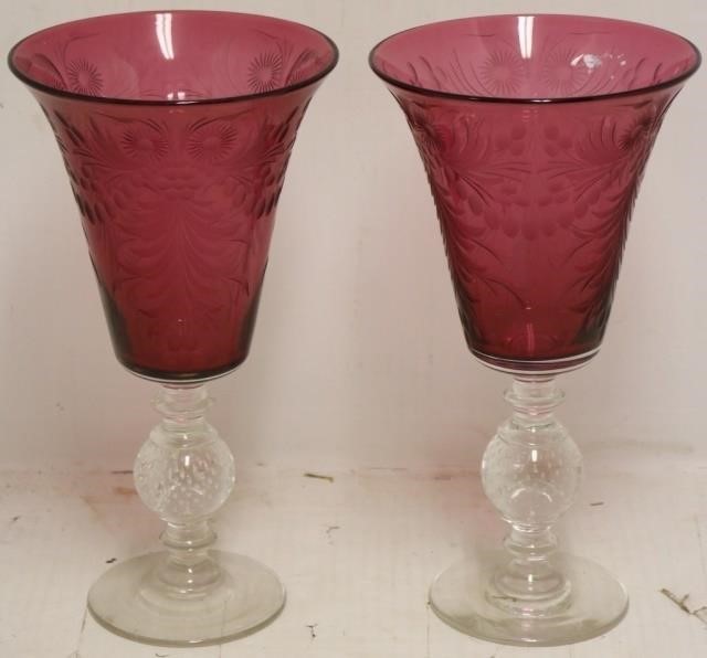 Appraisal: PAIR OF EARLY TH C PAIRPOINT CHALICE VASES ENGRAVED CRANBERRY