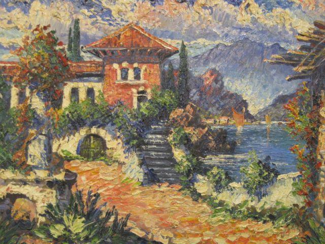 Appraisal: Richard Friis Oil Impressionistic Waterfront landscape palete knife style image