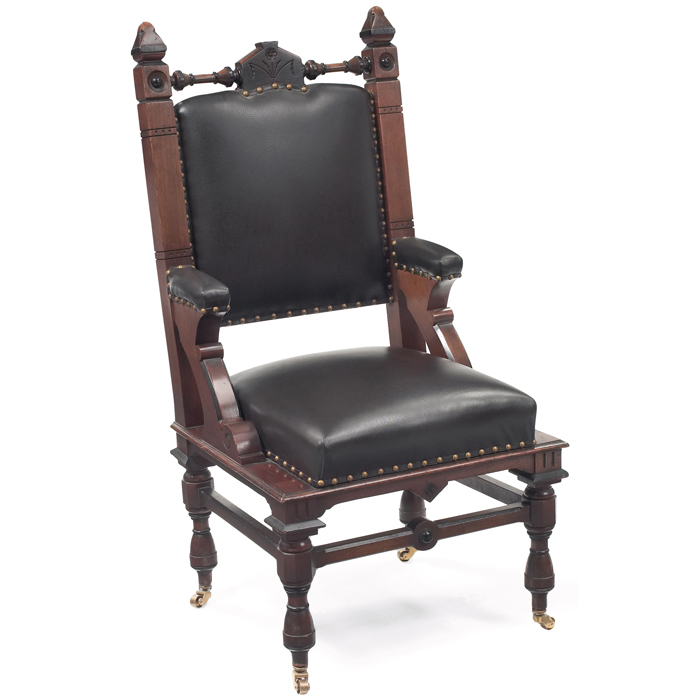 Appraisal: Gothic armchair in walnut carved and applied details recovered original