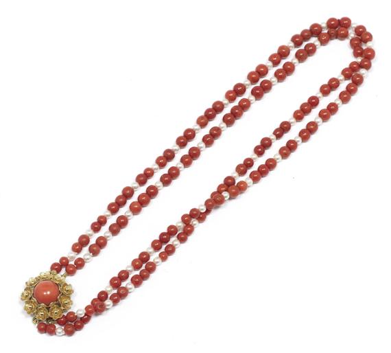 Appraisal: A CORAL AND PEARL NECKLACE circa Yellow gold clasp Two-row