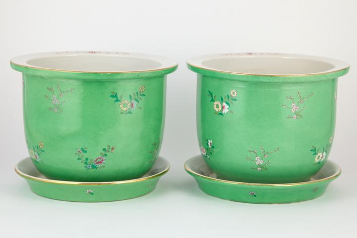 Appraisal: Pair of Japanese Green Painted Porcelain Jardinieres and UndertraysHeight inches