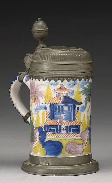 Appraisal: A German faience pewter mounted chinoiserie stein Bayreuth th century