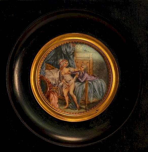 Appraisal: Naughty miniature on ivory young couple in bedroom Naughty miniature