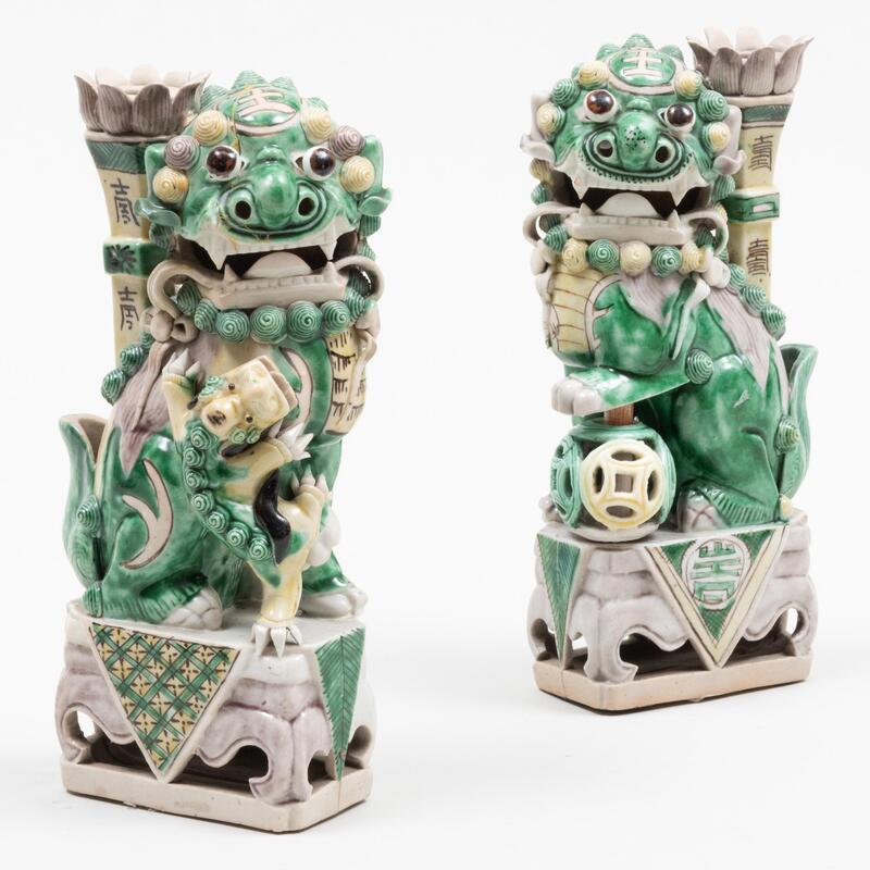 Appraisal: Pair of Chinese Glazed Porcelain Buddhistic Lion Candleholders Unmarked x