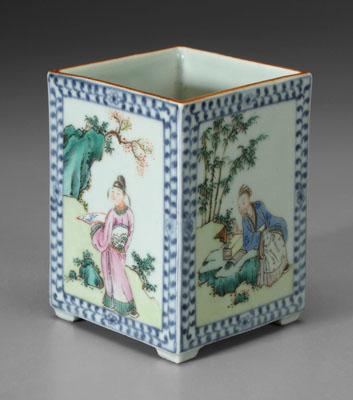 Appraisal: Chinese famille verte brush pot square section panels of scholars