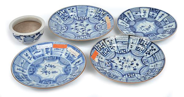 Appraisal: FOUR CHINESE BLUE AND WHITE PLATES TH CENTURY each decorated