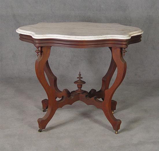 Appraisal: Victorian Walnut Center Table Circa Turtle top white marble Serpentine