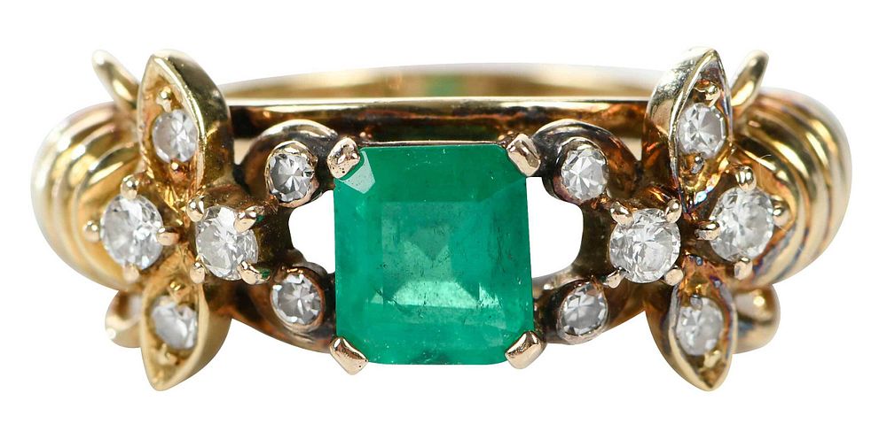 Appraisal: kt Emerald and Diamond Ring bee design one emerald cut