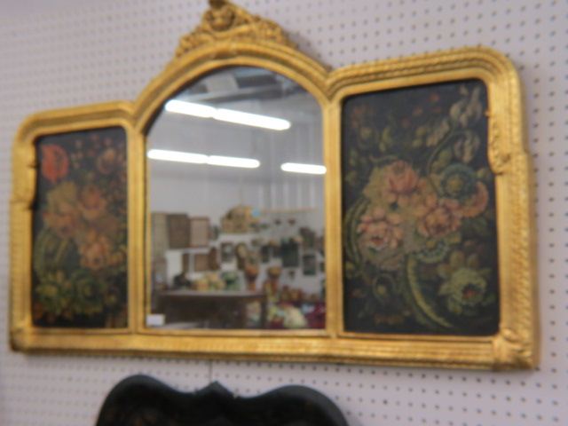 Appraisal: Antique Mirror handpainted florals beside arched glass gold trim wide