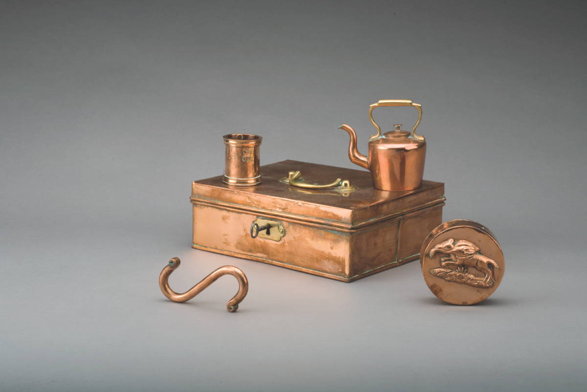 Appraisal: FIVE COPPER KITCHEN WARES Including a locking valuables box a