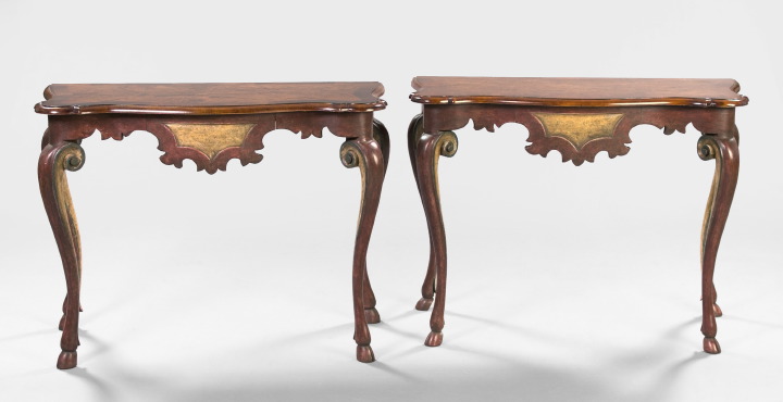 Appraisal: Pair of Italian-Style Polychromed Mahogany and Walnut Side Tables each