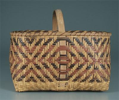 Appraisal: Cherokee river cane basket bentwood oak lock handle stepped diamond