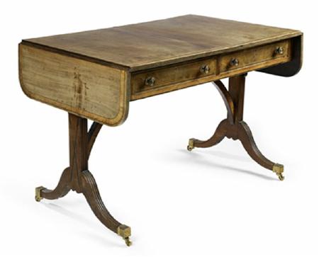 Appraisal: A Regency mahogany and satinwood crossbanded sofa table the rounded