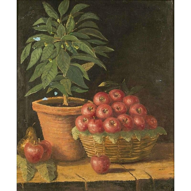 Appraisal: Apples Plant Still Life Painting Framed oil on canvas still