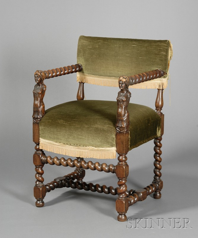 Appraisal: Continental Baroque Carved Walnut and Velvet Upholstered Armchair with short