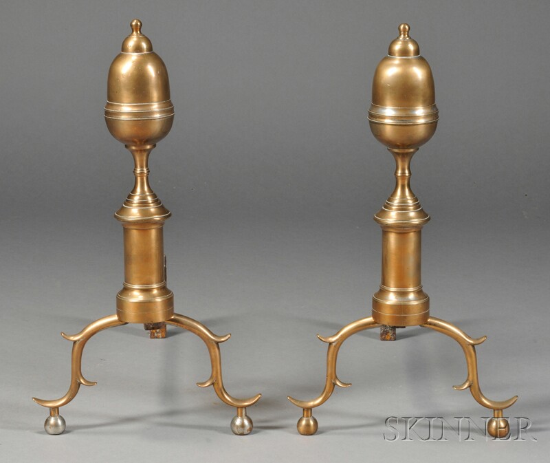 Appraisal: Pair of Bell Metal Acorn-top Andirons America late th early