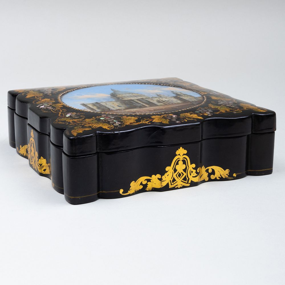 Appraisal: English Lacquer and Reverse Painted Glass Inset Box x x