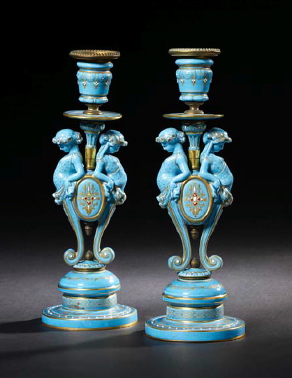 Appraisal: Fine Pair of French Parcel-Gilded and Enamel-Jeweled Bleu Persan Pottery