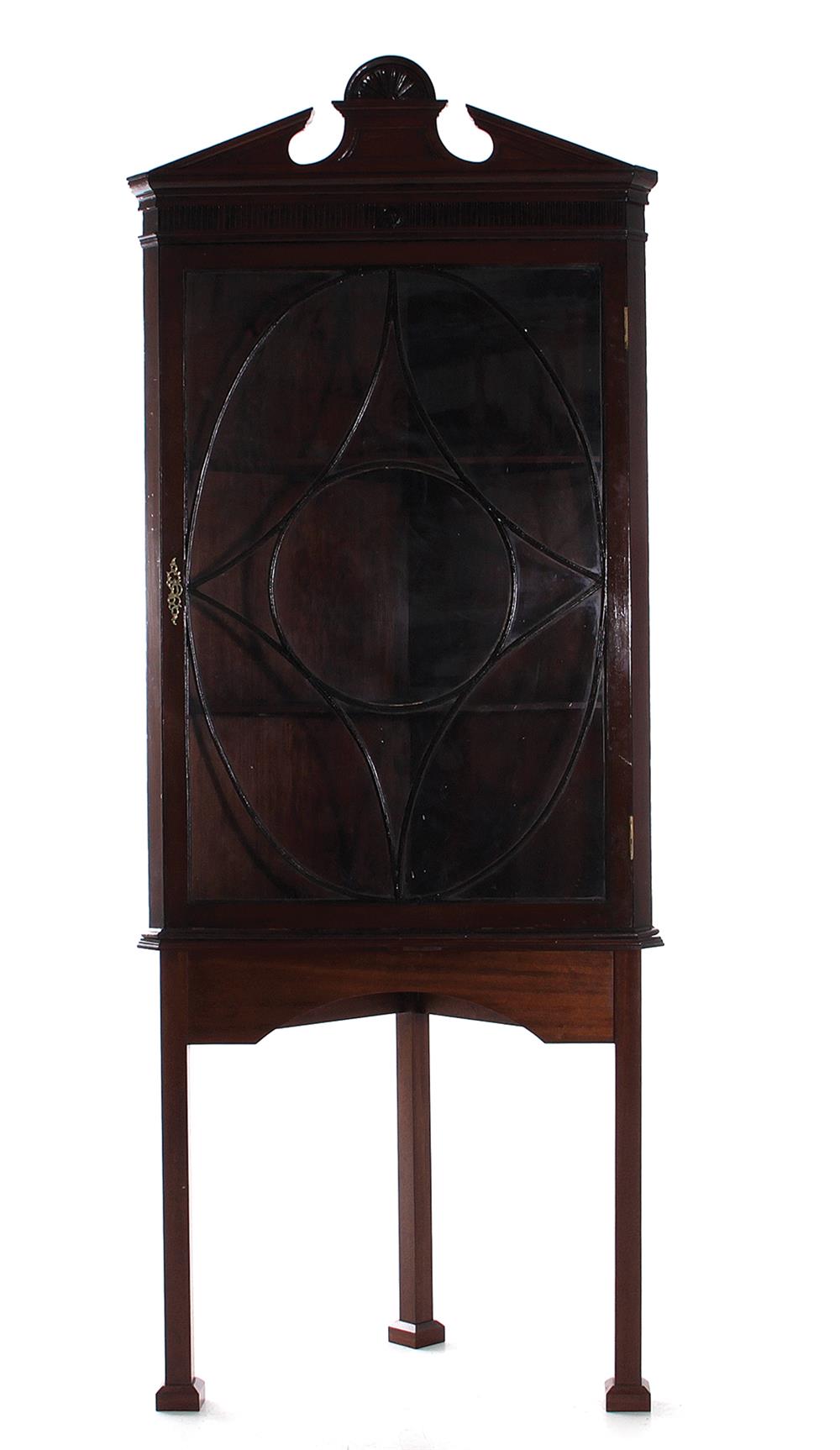 Appraisal: English mahogany corner cabinet late th century broken-arch crown divided