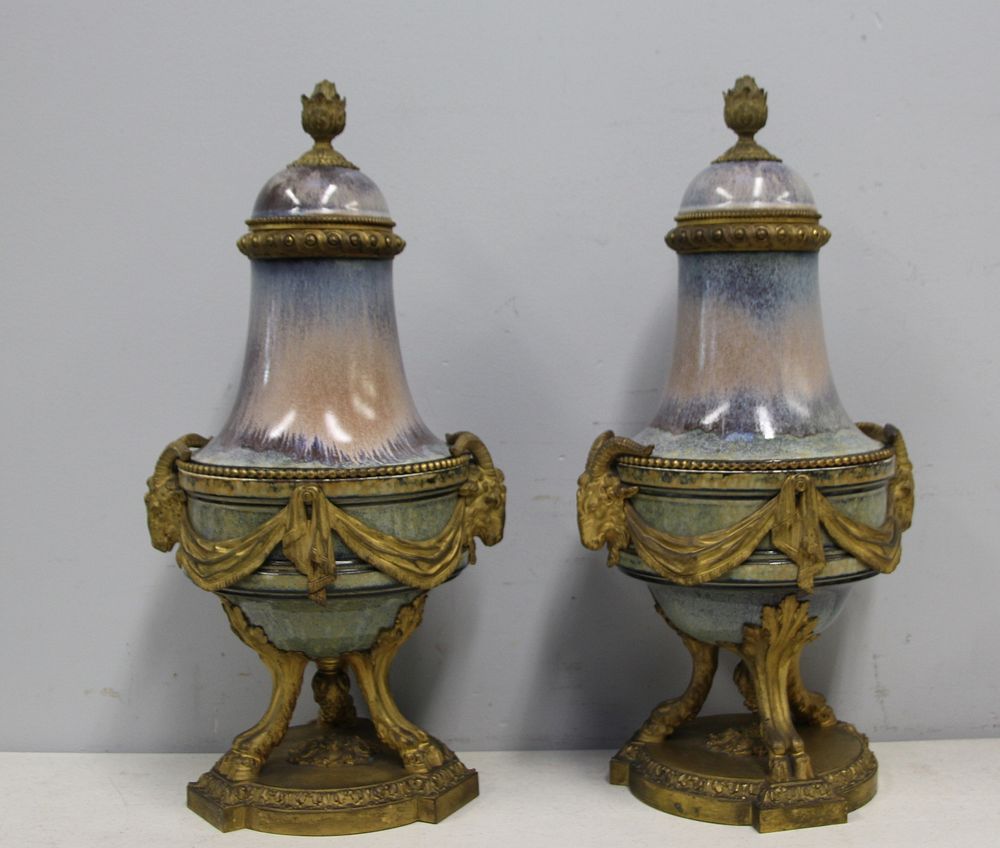 Appraisal: Finest Quality Pair Of Antique Bronze Mounted Flambe Marble Cassolettes