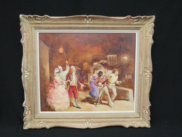 Appraisal: French Oil Painting of a Party harlequin jester figures on