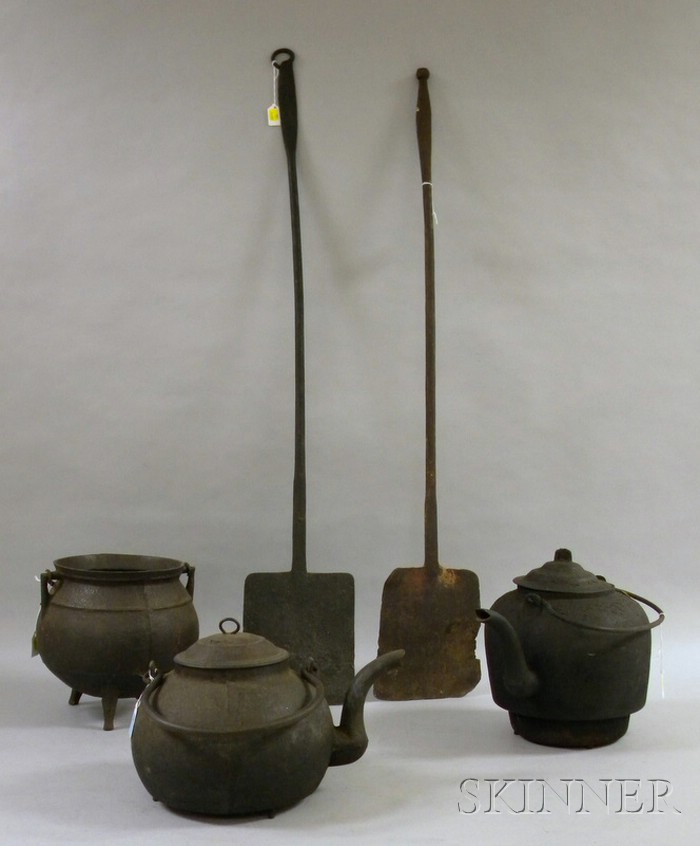 Appraisal: Cast Iron Pot Two Hot Water Kettles and Two Wrought