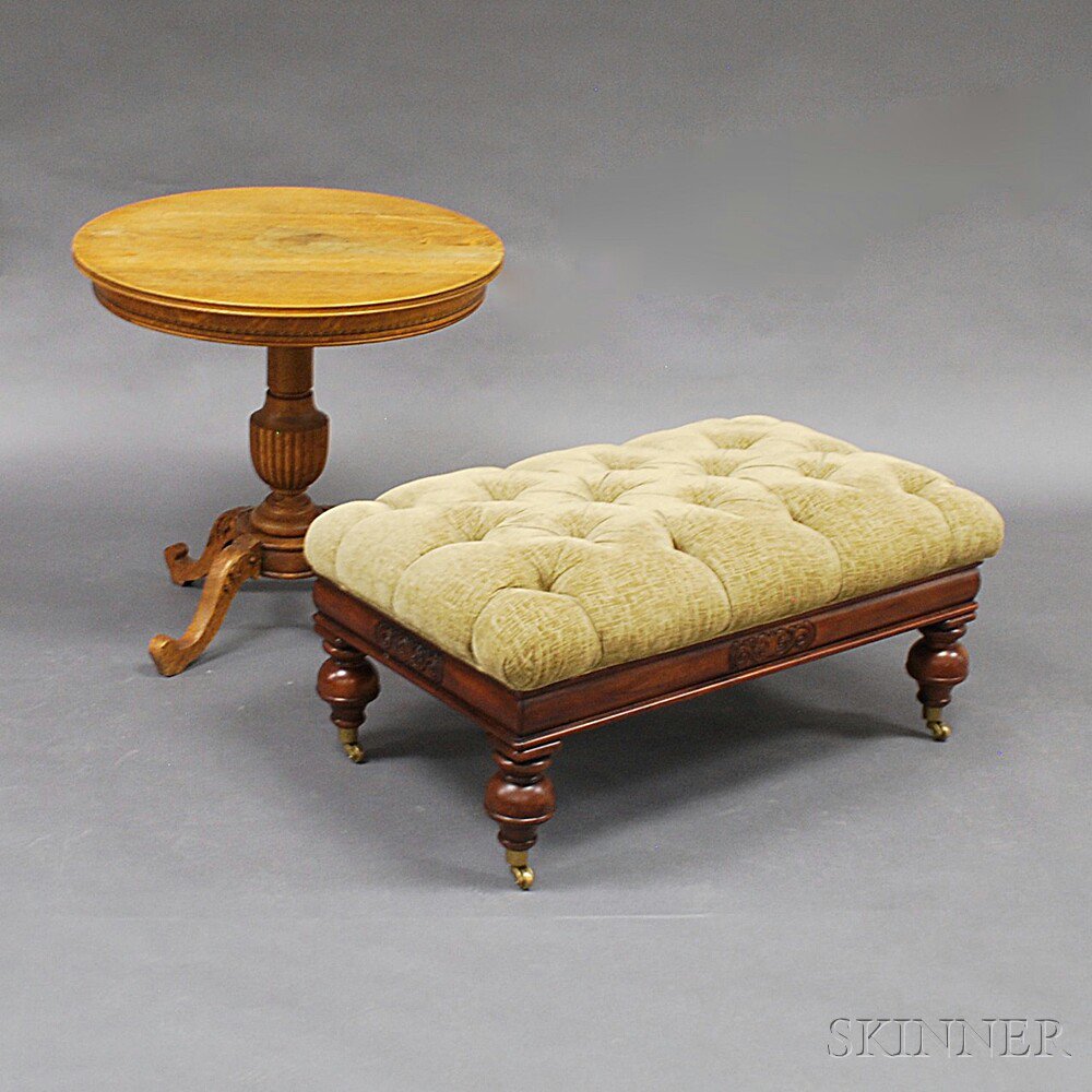 Appraisal: Empire-style Upholstered Hardwood Stool and an Inlaid Oak Occasional Table