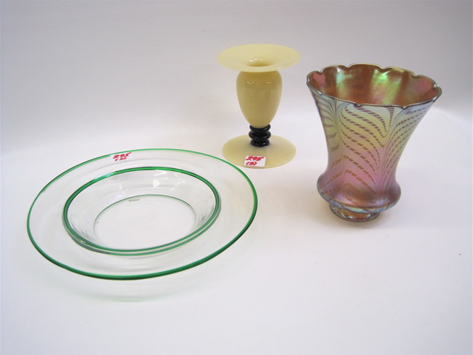 Appraisal: THREE PIECES STEUBEN ART GLASS stylized iridescent gold shade with