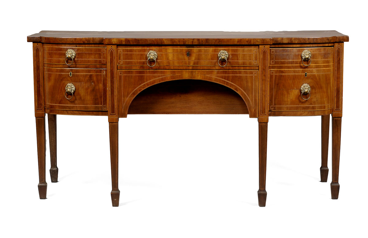 Appraisal: ENGLISH HEPPLEWHITE INLAID MAHOGANY SIDEBOARD The rectangular top with bowed