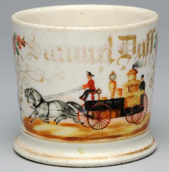 Appraisal: Horse-Drawn Fire Pumper Shaving Mug Gilt name Samuel Duff Colorful