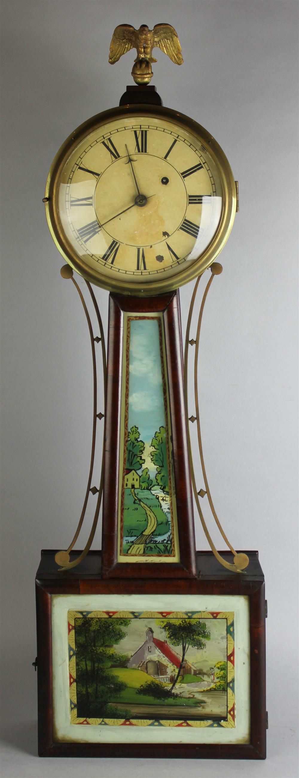 Appraisal: BANJO CLOCK WITH EGLOMISE PANELS AND EAGLE FINIAL clock face