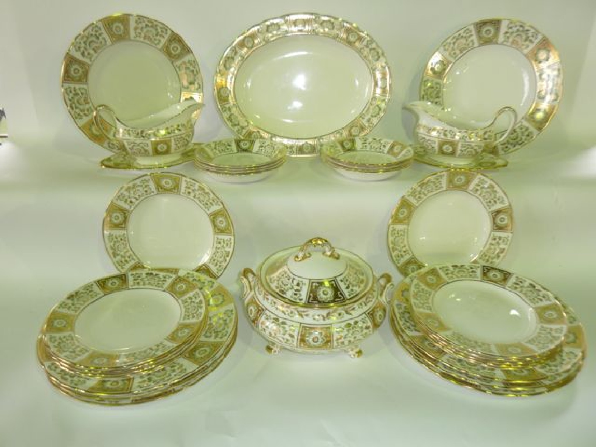 Appraisal: A collection of Royal Crown Derby Green Derby Panel dinner