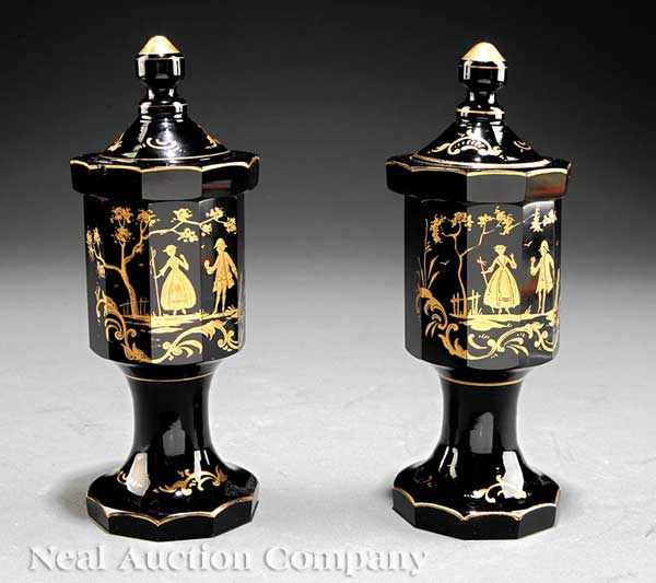 Appraisal: A Pair of Continental Gilt-Decorated Amethyst Cut Glass Covered Potpourri