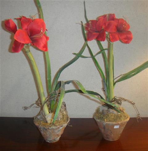 Appraisal: PAIR OF TERRA COTTA PLANTERS WITH RED HIBISCUS Together with