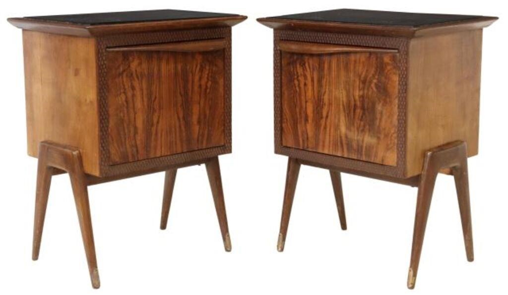 Appraisal: pair Italian mid-century modern burled walnut bedside cabinets c s