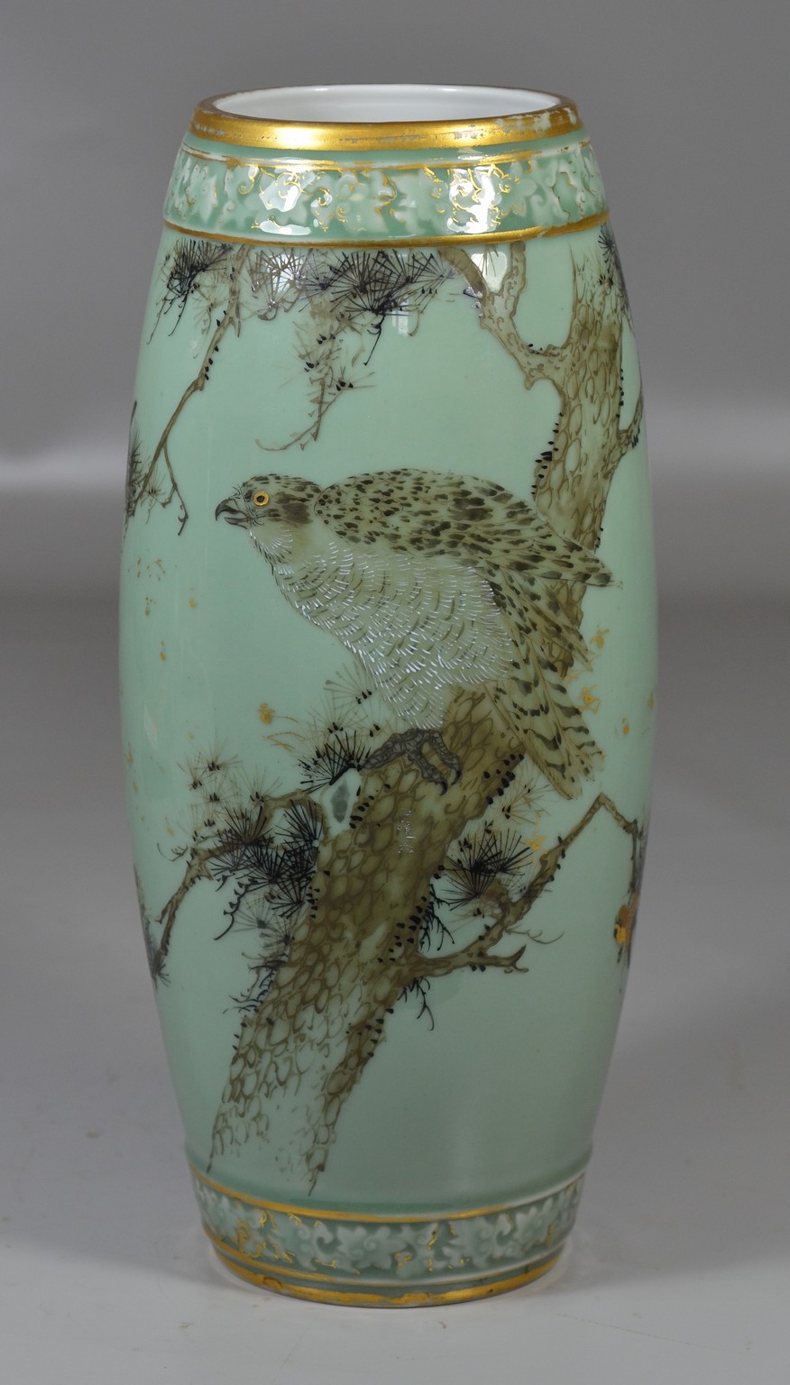 Appraisal: Japanese celadon vase with birds on branch decoration embossed leaf