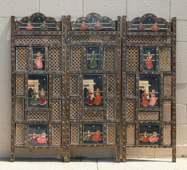 Appraisal: Three paneled wooden Indian screen pierced worked inserts hand painted