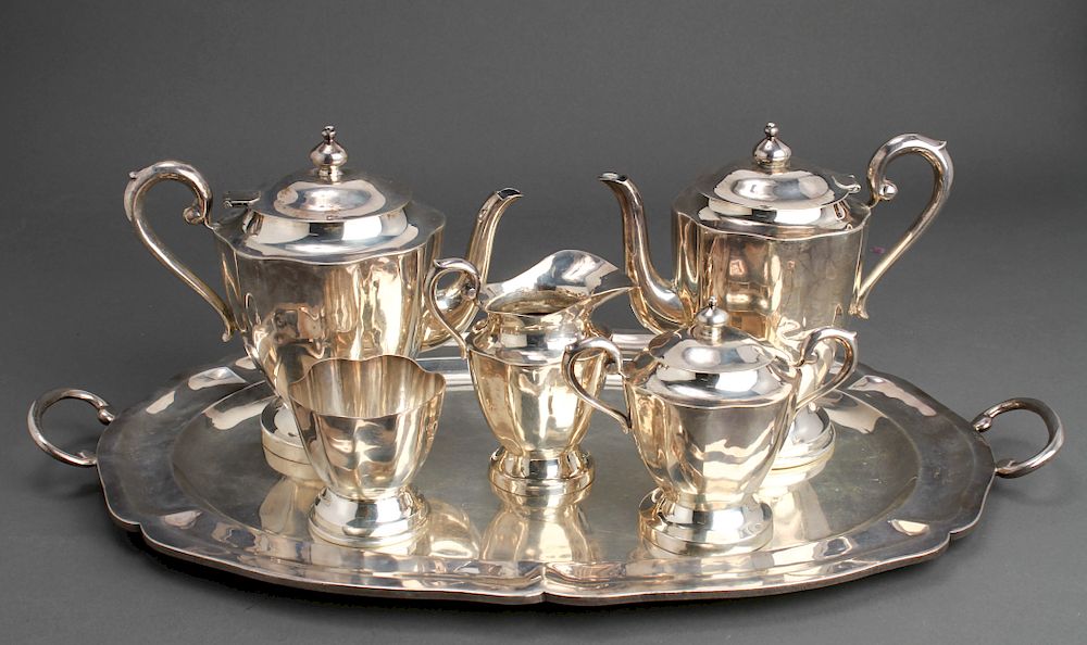 Appraisal: Taxco Mexican Silver Tea Service Tray Set of Taxco Mexican