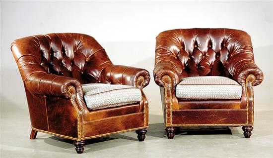 Appraisal: Pair leather club chairs Wesley Hall Collection topnailed and button-back