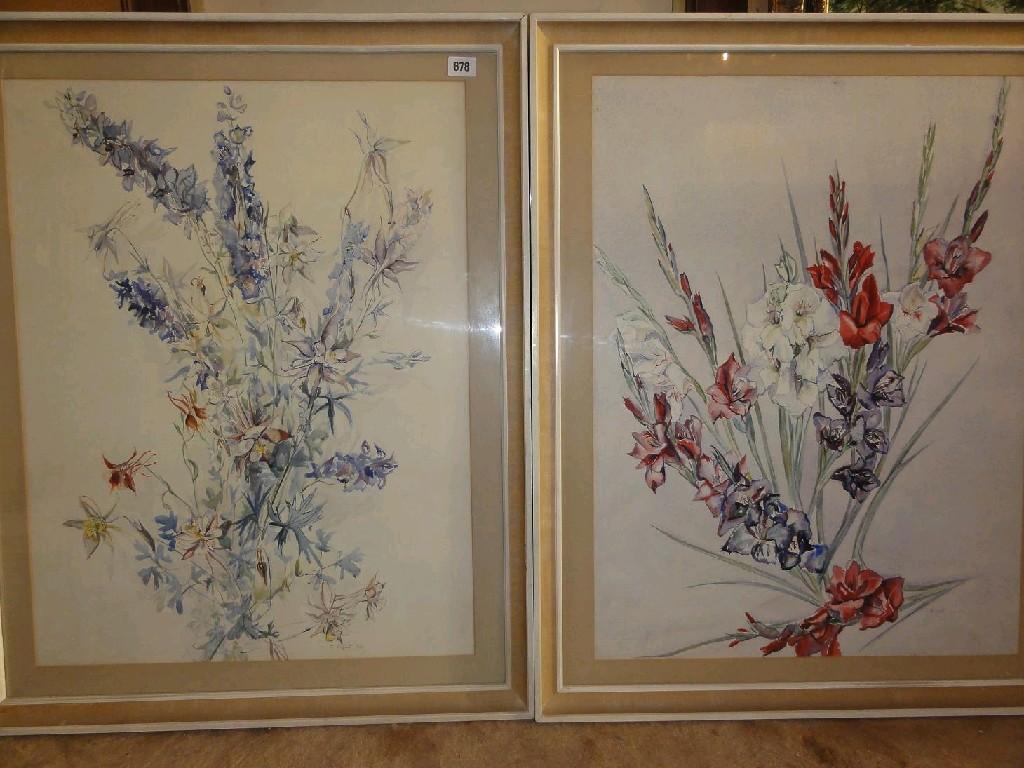 Appraisal: Two watercolour studies of gladioli and delphiniums by C Figart