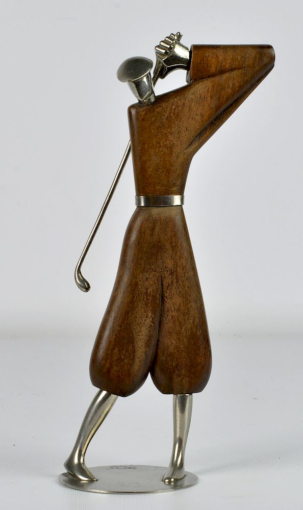 Appraisal: Hagenauer Style Walnut Chrome Golfer Figure Carved walnut golfing figure