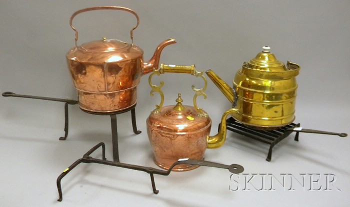 Appraisal: Three Copper and Brass Hot Water Kettles a Wrought Iron