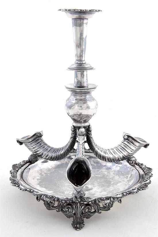 Appraisal: English silverplate centerpiece circa trumpet and orb vase supported by