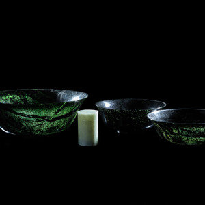 Appraisal: Three Chinese Spinach Jade Bowls and A Celadon Hardstone Covered