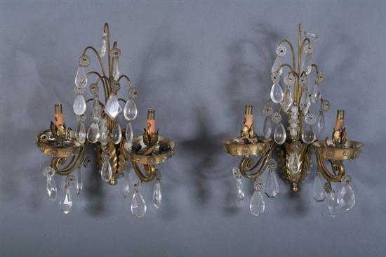 Appraisal: FOUR FRENCH ART DECO BRASS AND GLASS TWO-LIGHT SCONCES Circa