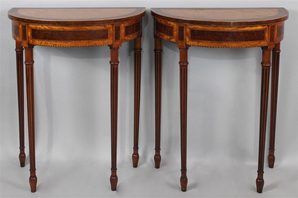 Appraisal: PAIR OF GEORGE III INLAID SATINWOOD SMALL D-SHAPED CONSOLE TABLES