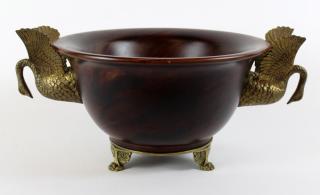 Appraisal: Turned wooden bowl with gilt bronze swans Turned wooden bowl