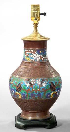 Appraisal: Kuang Hsu Champleve Enamel-Banded Patinated Bronze Vase fourth quarter th